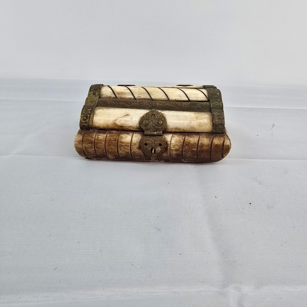 Vintage Camel Bone Trinket Box India Brass Inlay Velvet Lined Jewelry Chest